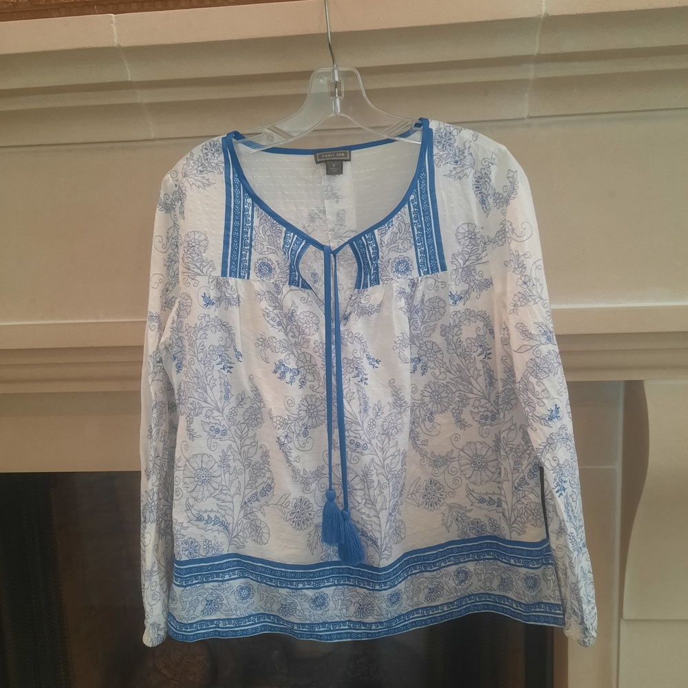 Elegant Blue and White Floral Blouse